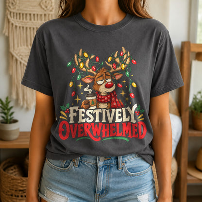Festively Overwhelmed Reindeer Comfort Colors T-Shirt, Pepper Graphic Tee