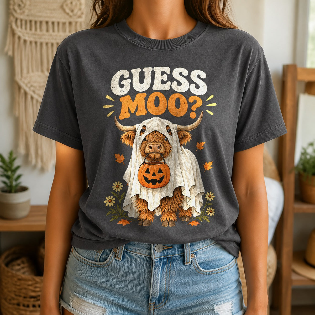 Guess Moo Ghost Cow Comfort Colors T-Shirt, Pepper