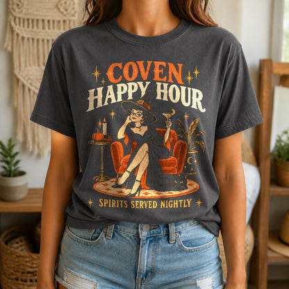 Comfort Colors T-Shirt, Coven Happy Hour Retro Witch Graphic