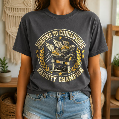 Comfort Colors Jumping to Conclusions Varsity Graphic T-Shirt