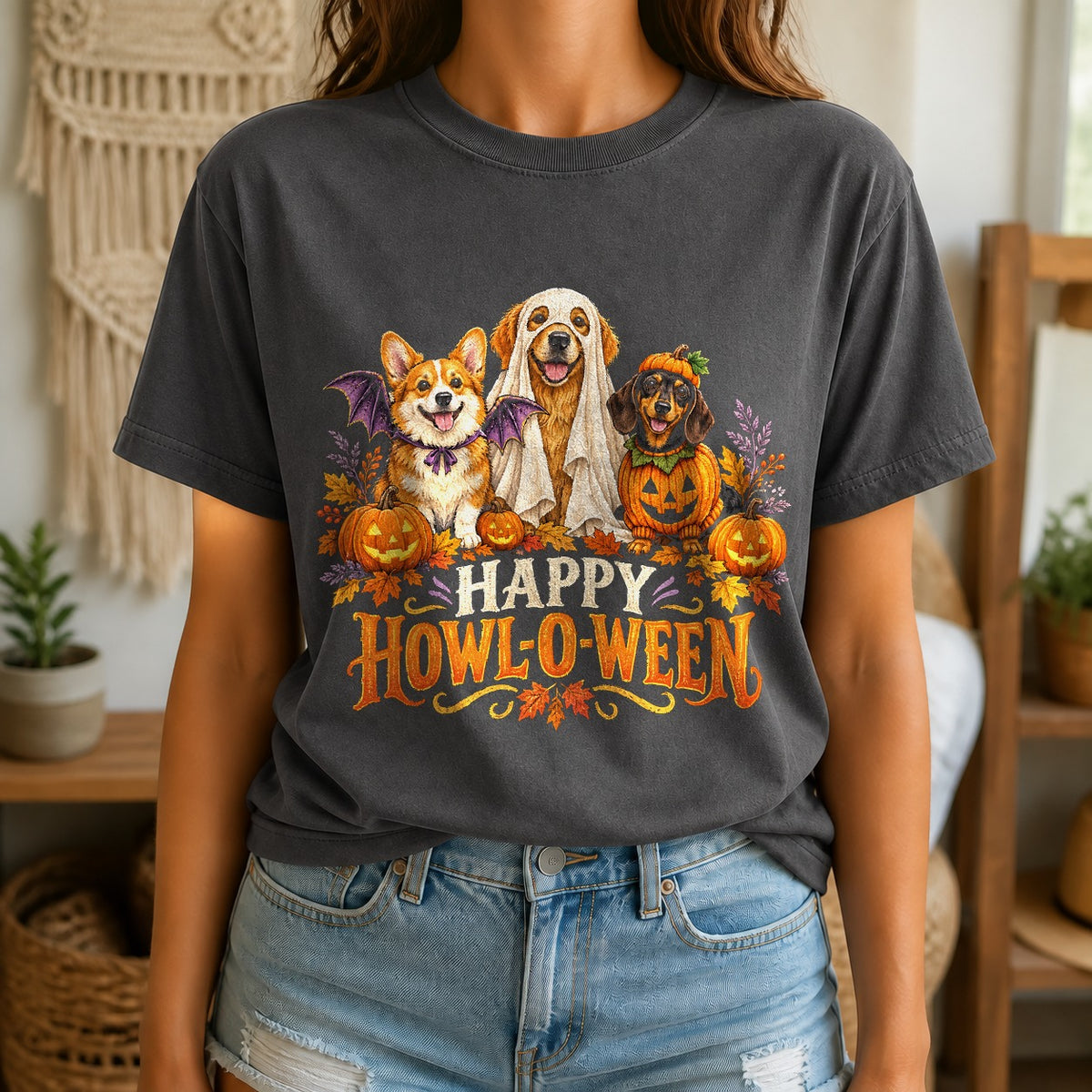 Comfort Colors Happy Howl-o-ween Dogs Halloween Graphic T-Shirt
