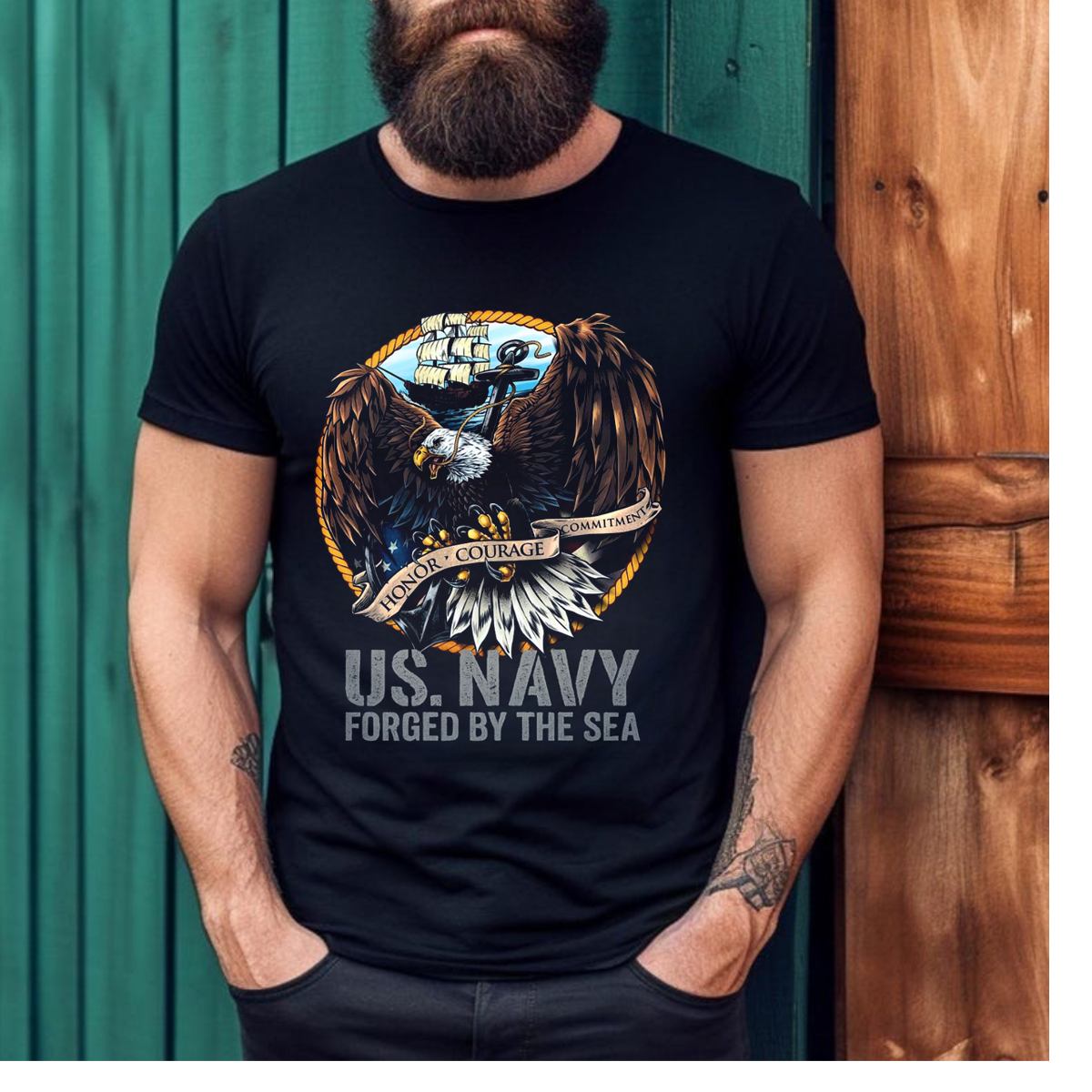 US Navy Veteran T-Shirt – Eagle Anchor Flag Graphic Tee – Honor Courage Commitment Shirt