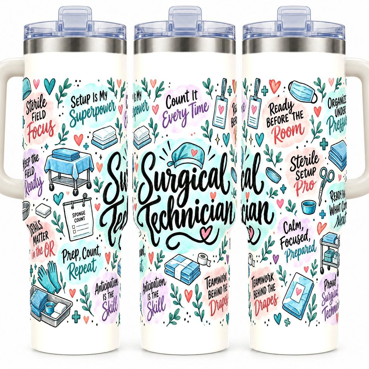 Surgical Technician 40 oz Tumbler with Handle and Straw, Pastel Design