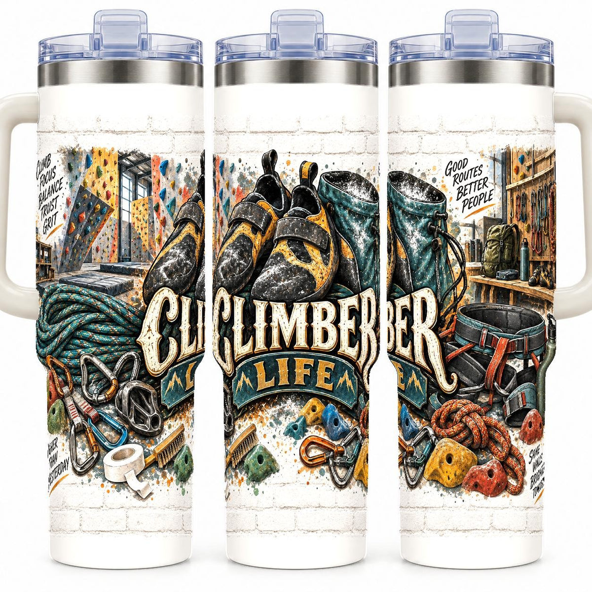 Sport Climbing Gear Collage 40 oz Tumbler with Handle, Reusable Straw