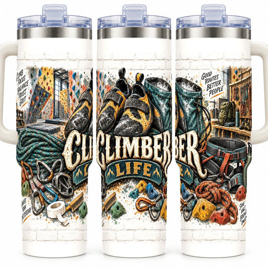 Sport Climbing Gear Collage 40 oz Tumbler with Handle, Reusable Straw