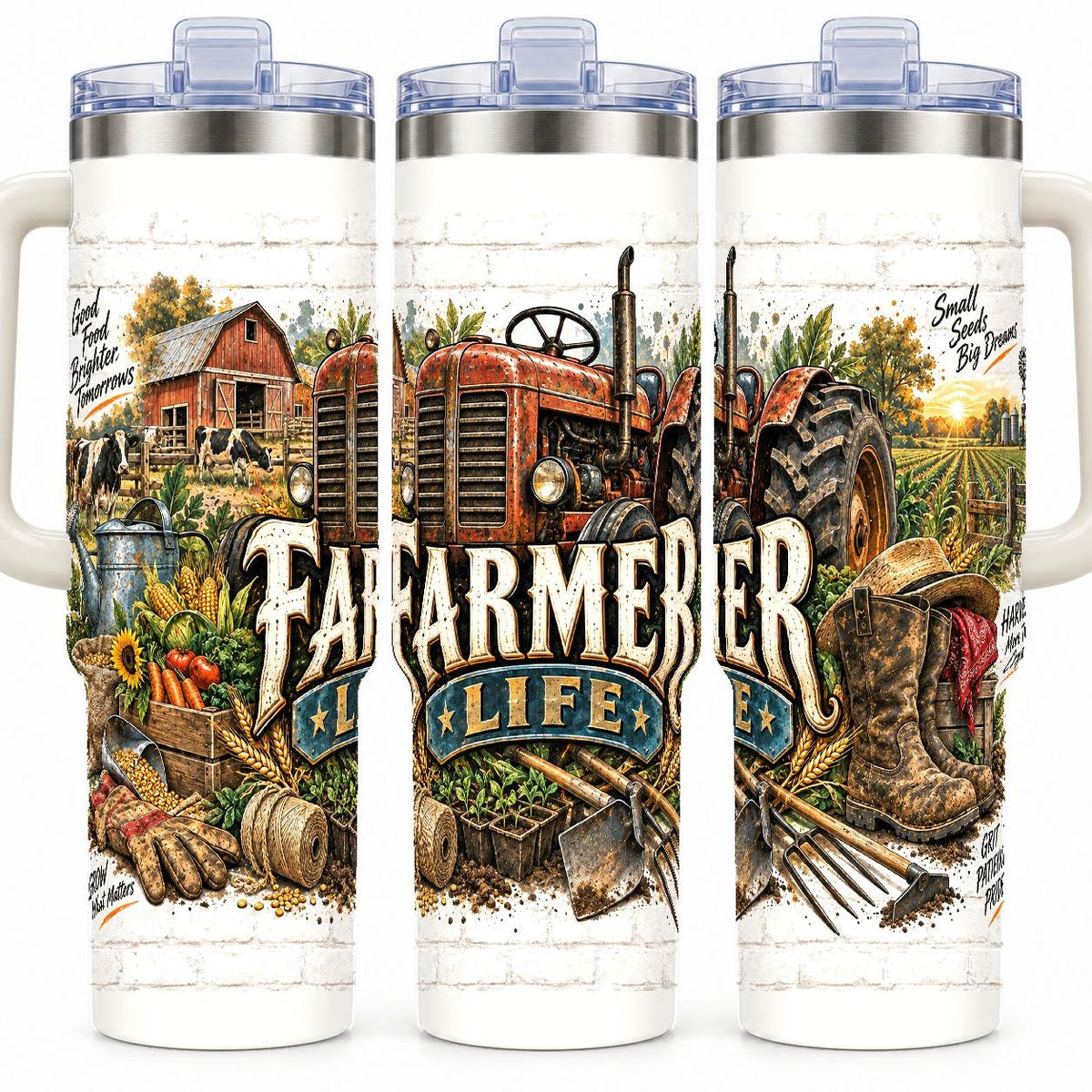 Farmer Tools Collage 40 oz Tumbler with Handle and Straw, Rustic Art
