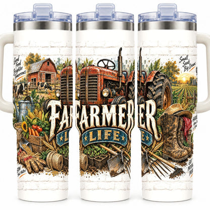 Farmer Tools Collage 40 oz Tumbler with Handle and Straw, Rustic Art