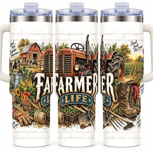 Farmer Tools Collage 40 oz Tumbler with Handle and Straw, Rustic Art