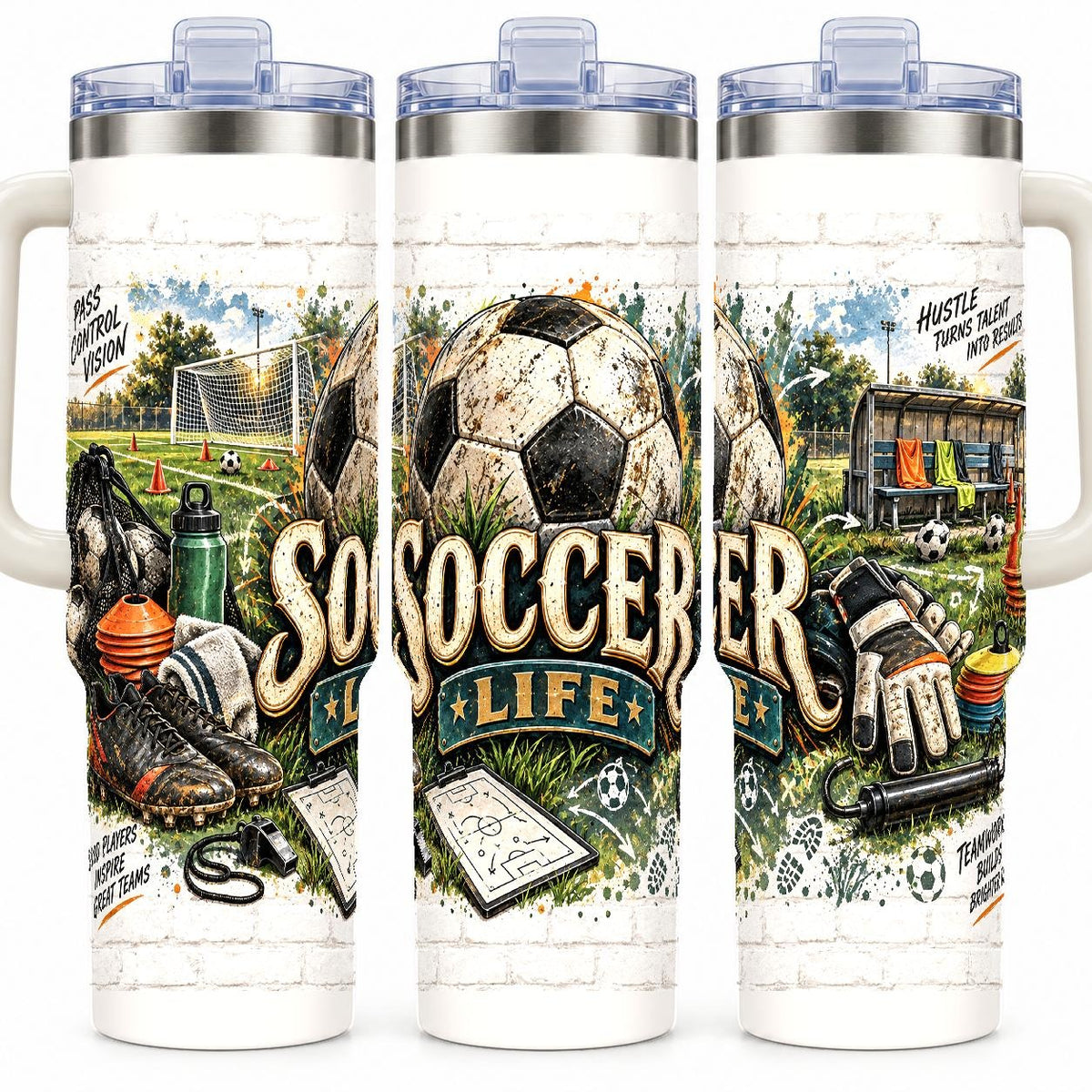 Soccer Gear Collage 40 oz Tumbler with Handle, Reusable Straw