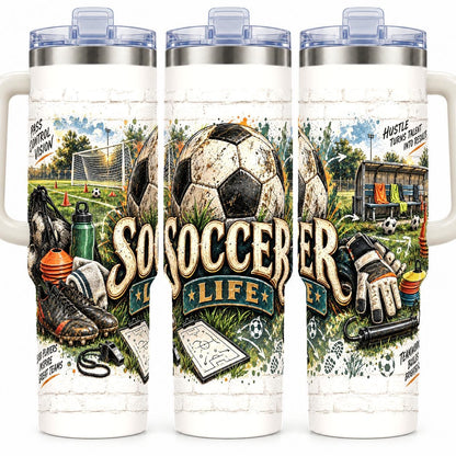 Soccer Gear Collage 40 oz Tumbler with Handle, Reusable Straw