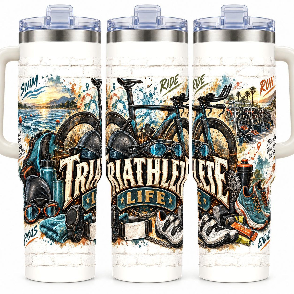 Triathlon Gear Collage 40 oz Tumbler, Endurance Athlete Design