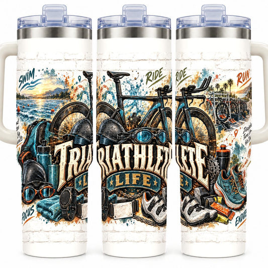 Triathlon Gear Collage 40 oz Tumbler, Endurance Athlete Design