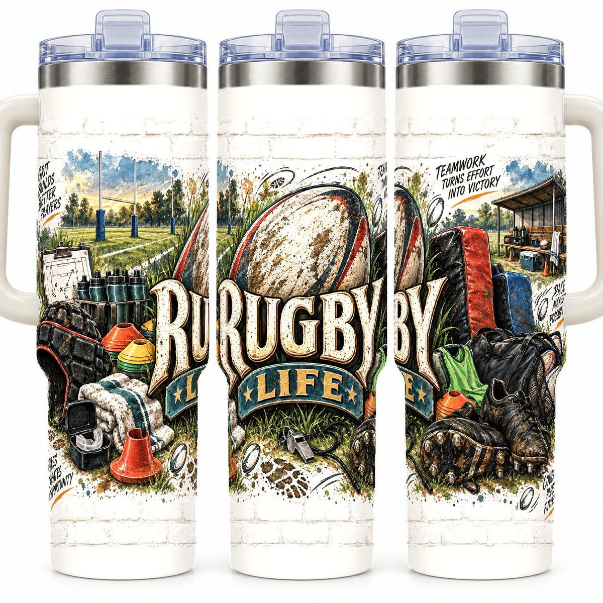 Rugby Gear Collage 40 oz Tumbler, Vintage Sports Equipment Art