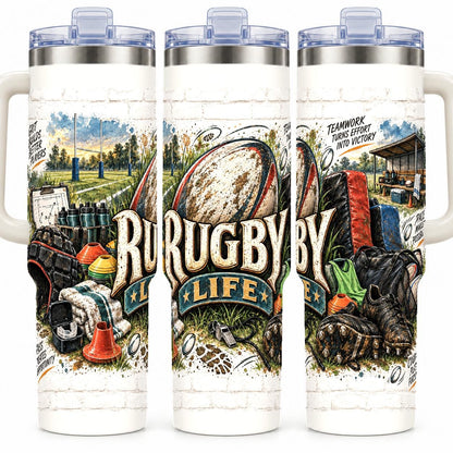 Rugby Gear Collage 40 oz Tumbler, Vintage Sports Equipment Art