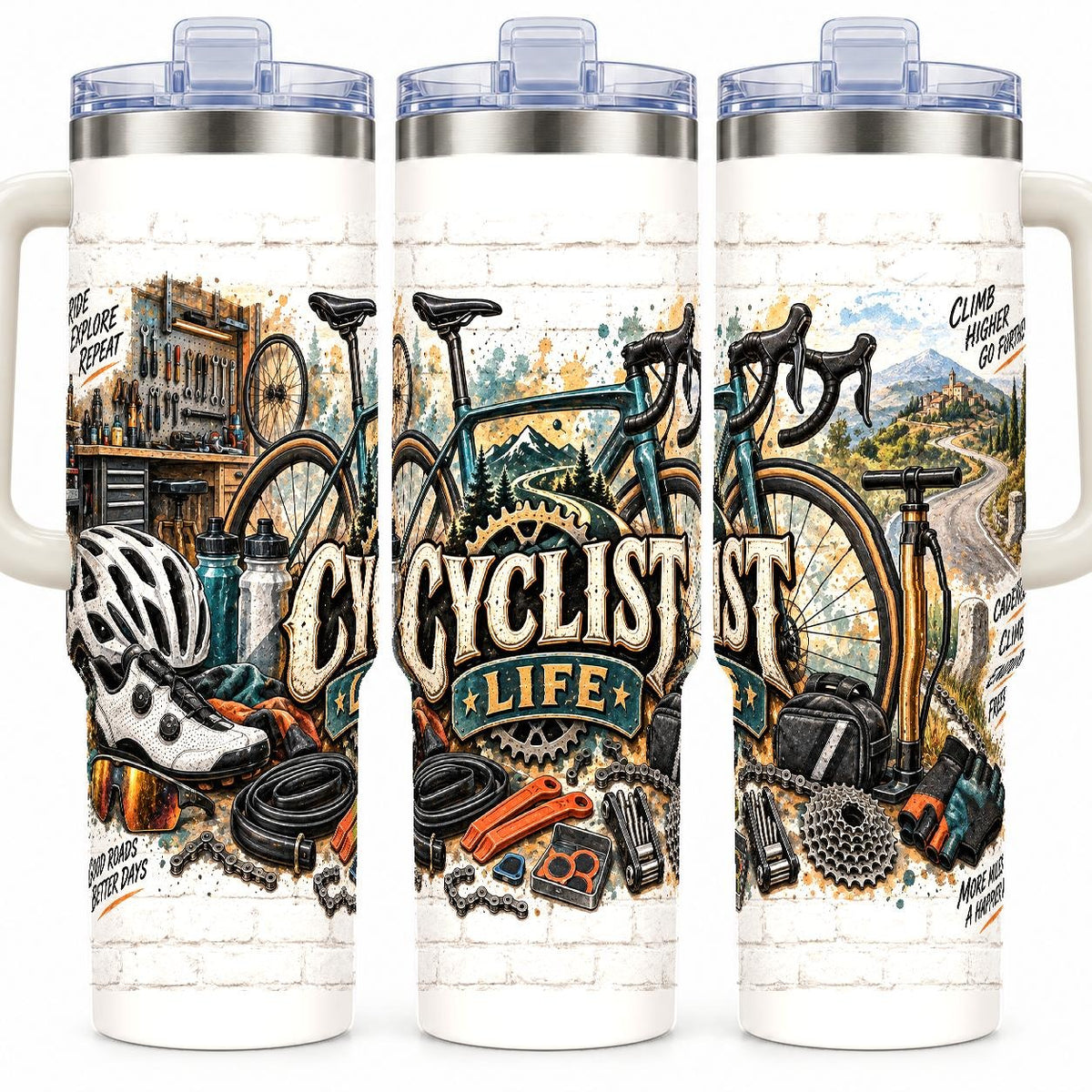 Road Cycling Gear Collage 40 oz Tumbler with Handle and Straw