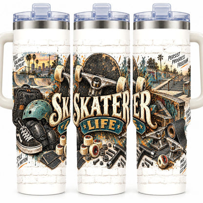 Skateboarding Gear Collage 40 oz Tumbler with Handle and Straw