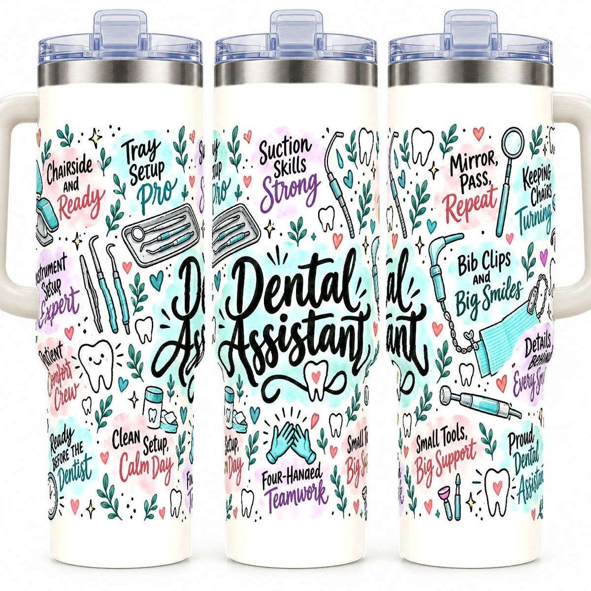Dental Assistant 40 oz Tumbler with Handle and Straw, Pastel Design