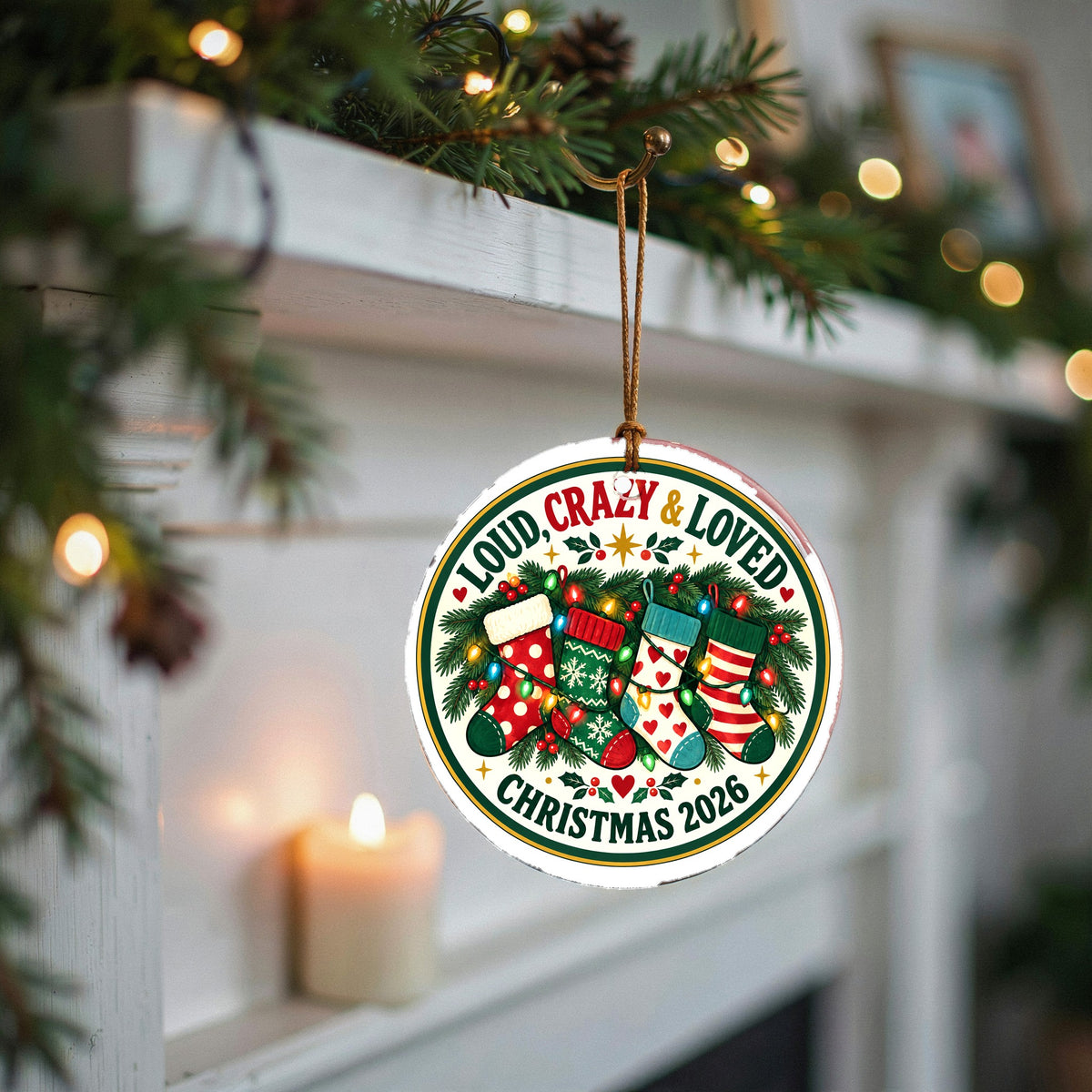 Loud Crazy and Loved Holiday Badge Ceramic Christmas Ornament 2026