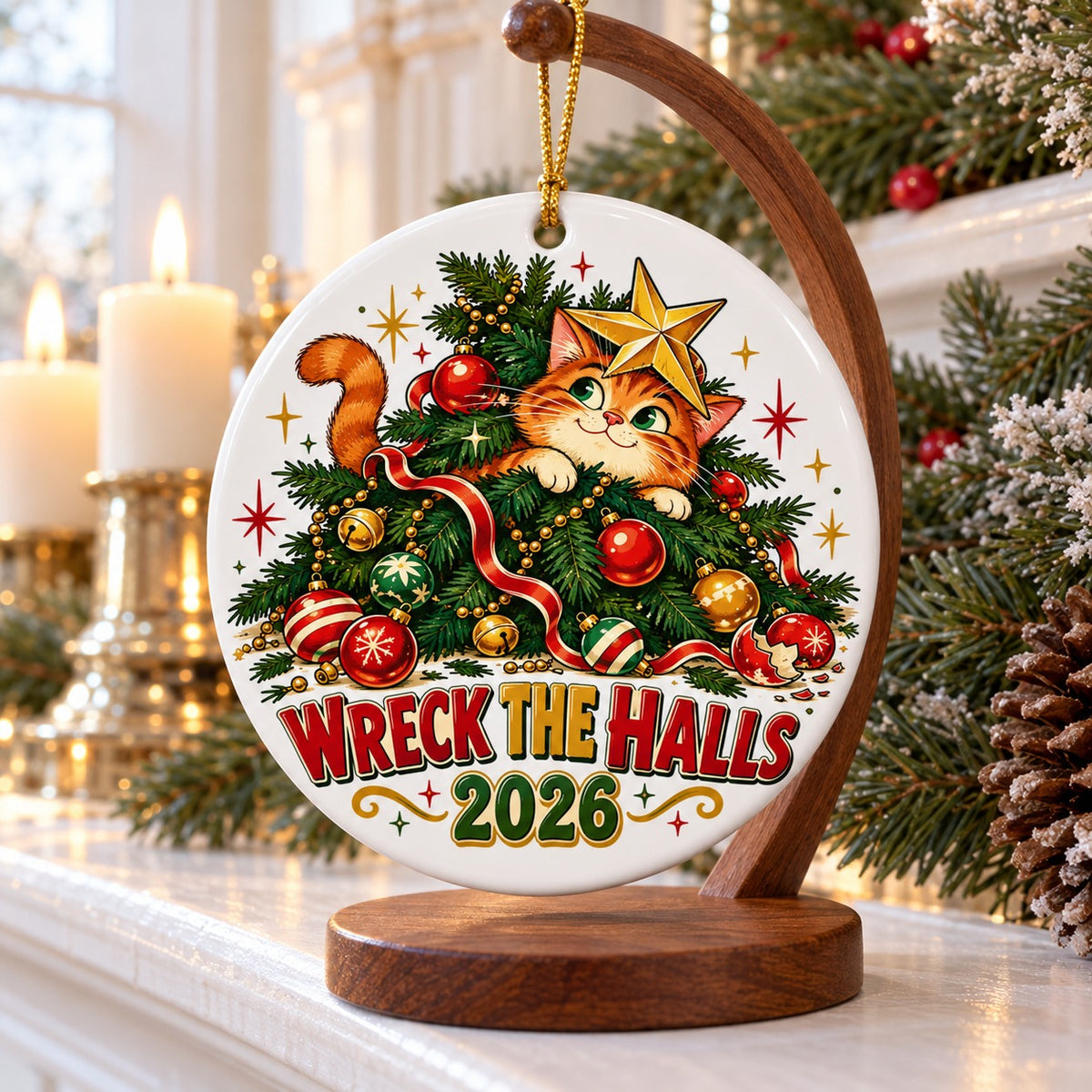 Wreck the Halls Mischief Cat Ceramic Christmas Ornament