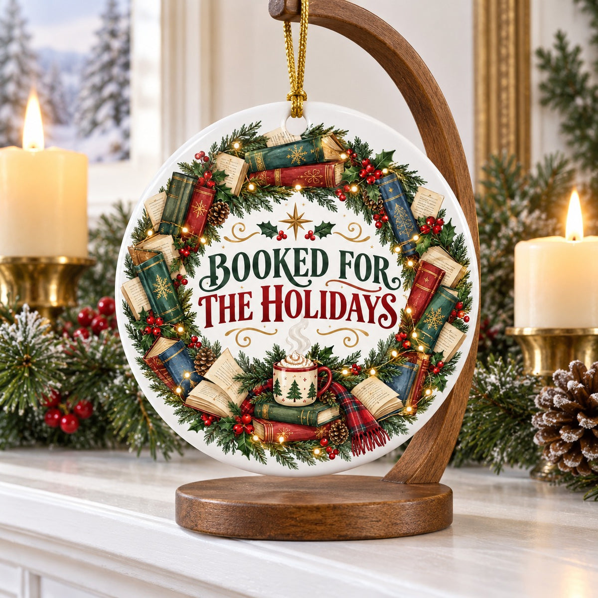 Booked for the Holidays Christmas Ceramic Book Lover Ornament
