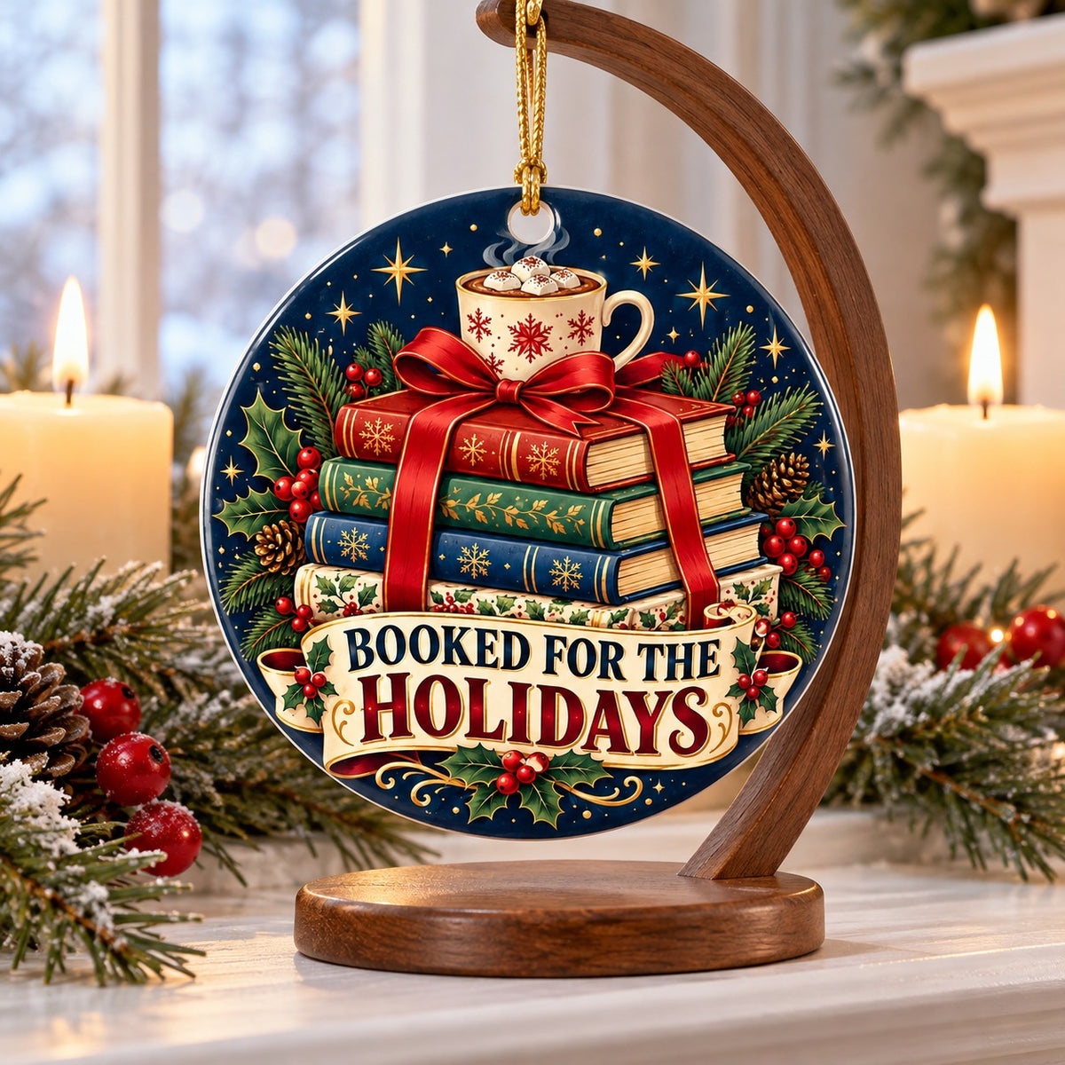 Booked for the Holidays Ceramic Ornament for Book Lovers