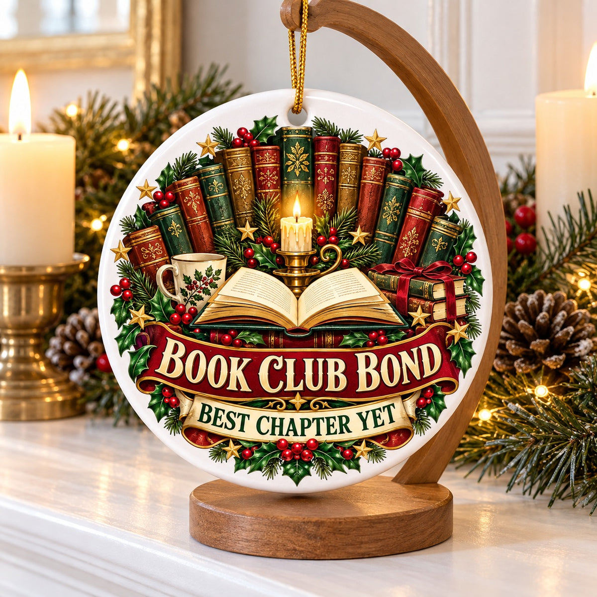 Chapters of Friendship Badge Book Club Ceramic Christmas Ornament