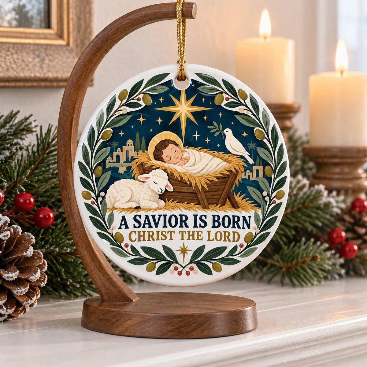 Folk Art Nativity Cradle Ceramic Christmas Ornament