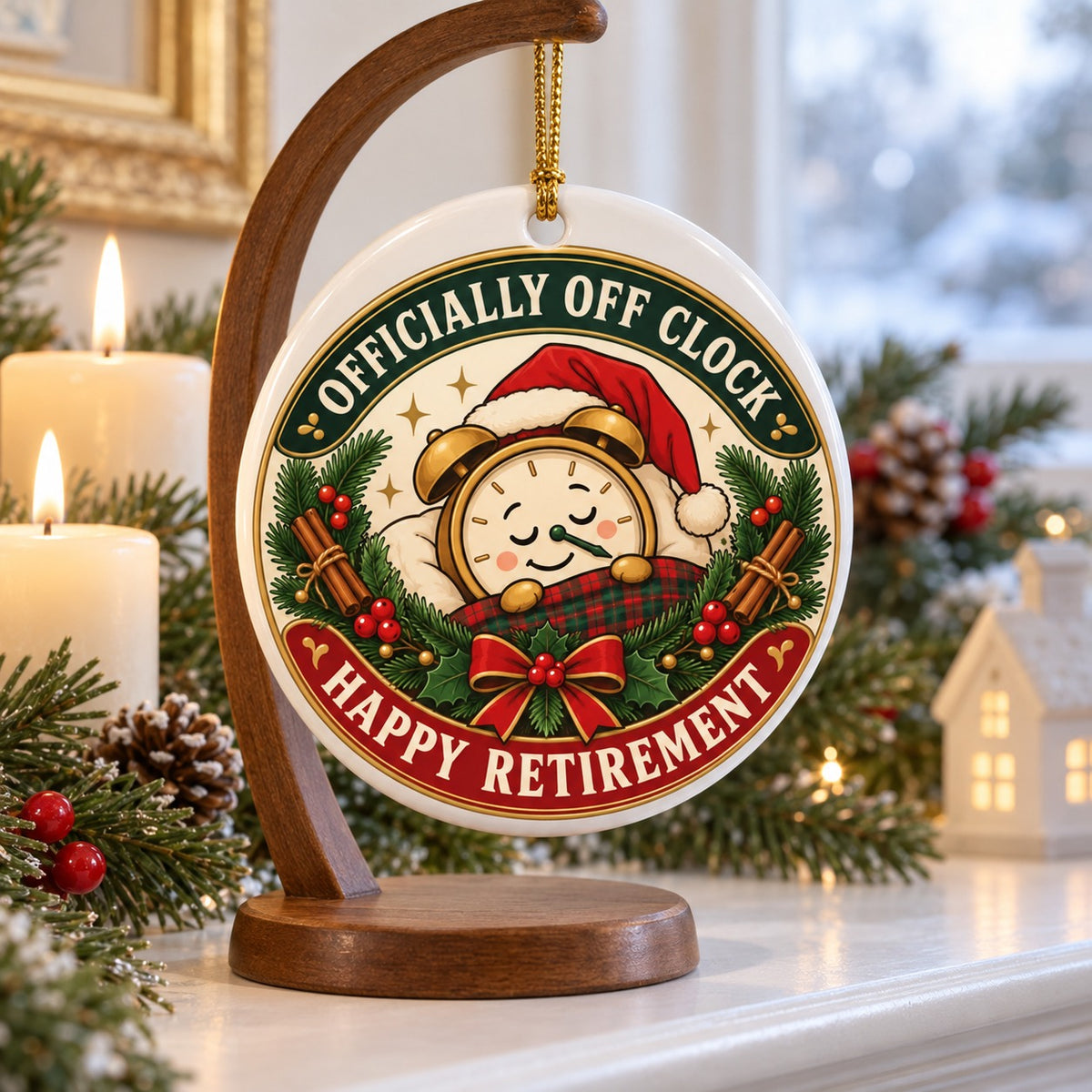 Off The Clock Snooze Wreath Ceramic Christmas Ornament