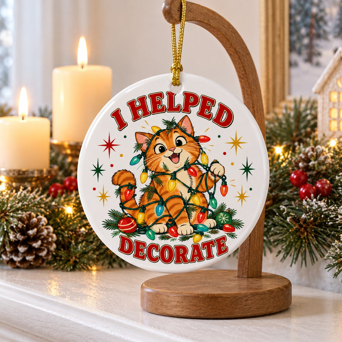 Tangled Tabby Tree Helper Ceramic Christmas Ornament, Cat Decor
