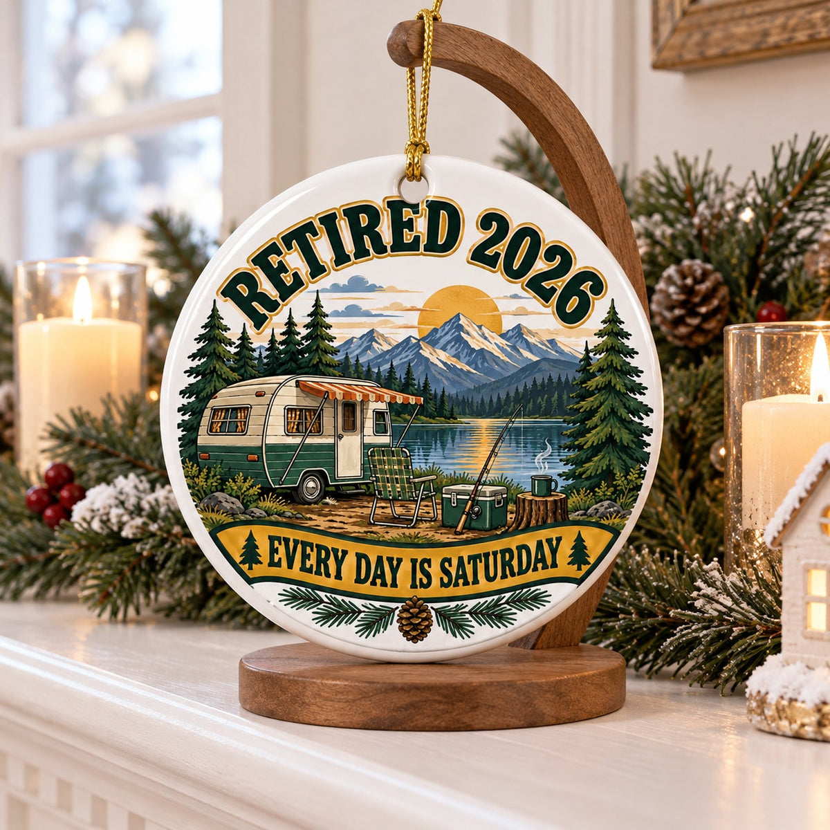 Every Day Is Saturday Camp Badge Retired 2026 Ceramic Christmas Ornament