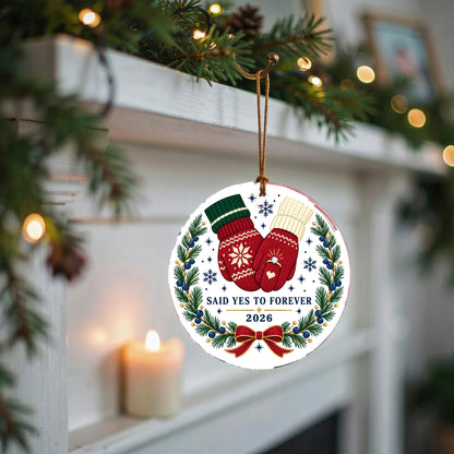 Mittens and Diamond Engagement Ceramic Christmas Ornament