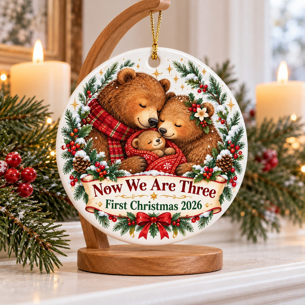 Now We Are Three Bear Family Ceramic Christmas Ornament