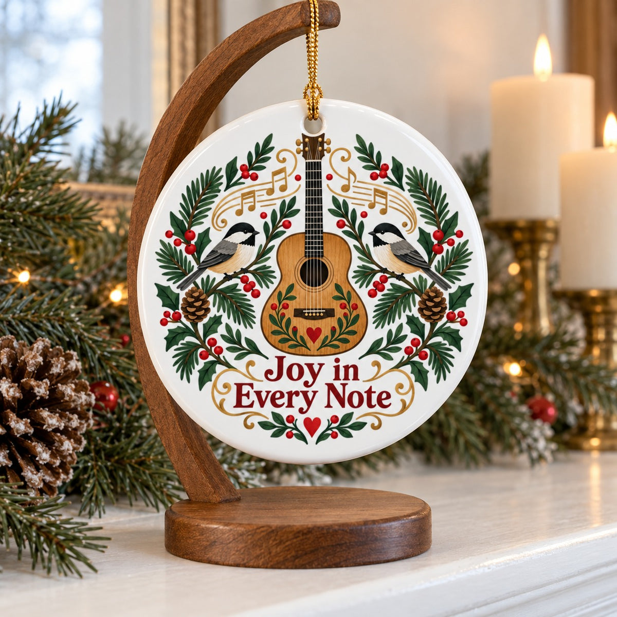 Folk Art Winter Melody Ornament, Acoustic Guitar Ceramic Music Gift