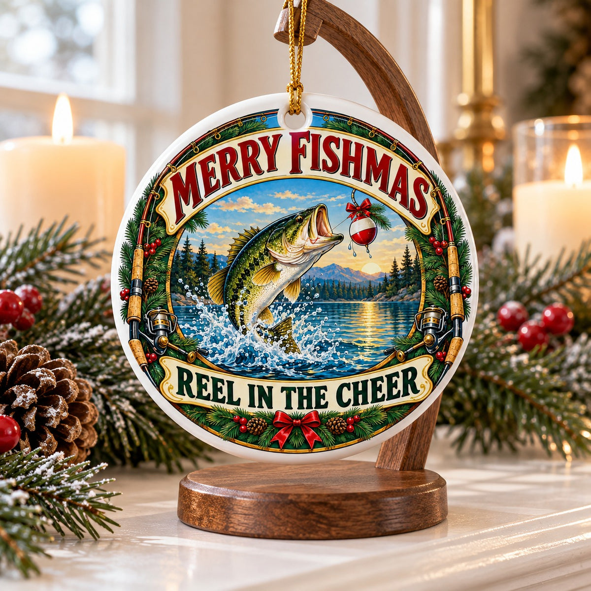 Reel in the Cheer Bass Fishing Ceramic Christmas Ornament