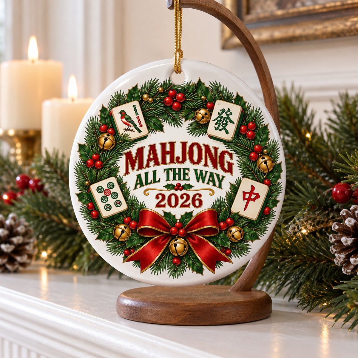 Mahjong Holiday Wreath Ceramic Ornament, Game Night Christmas Decor
