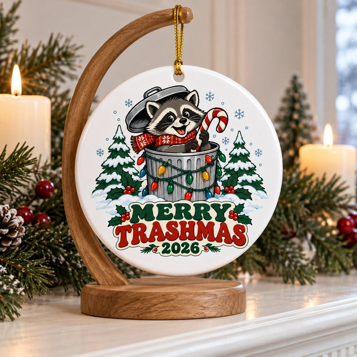 Festive Trash Panda Merry Trashmas 2026 Ceramic Christmas Ornament
