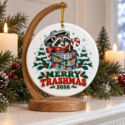 Festive Trash Panda Merry Trashmas 2026 Ceramic Christmas Ornament