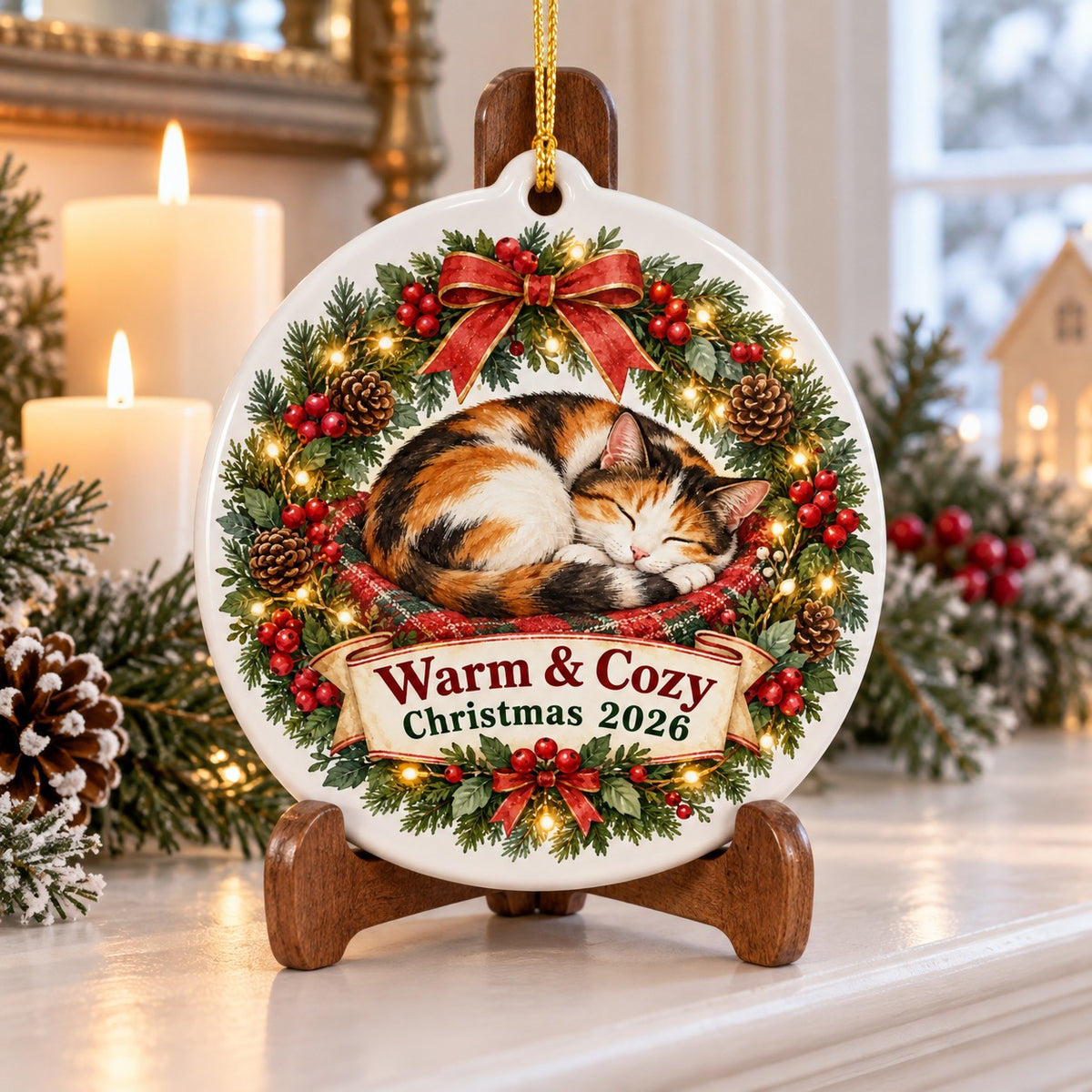 Sleeping Cat Wreath Keepsake Ceramic Christmas Ornament