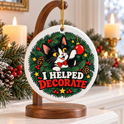 Tuxedo Cat Christmas Ornament, Funny Tree Inspector Ceramic Keepsake