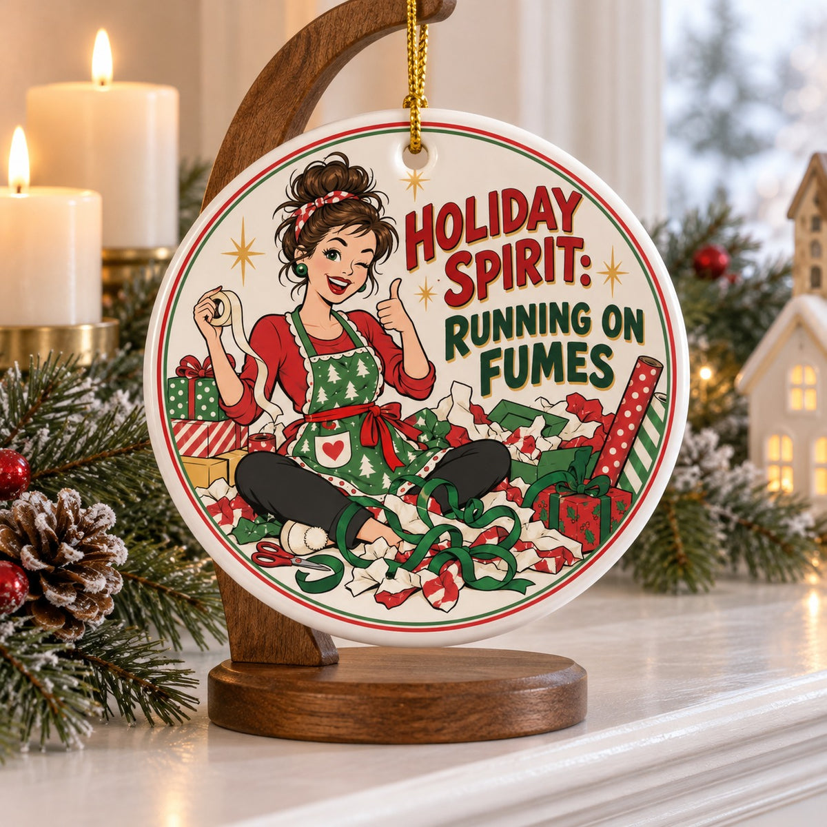 Holiday Spirit Running on Fumes Christmas Ceramic Ornament
