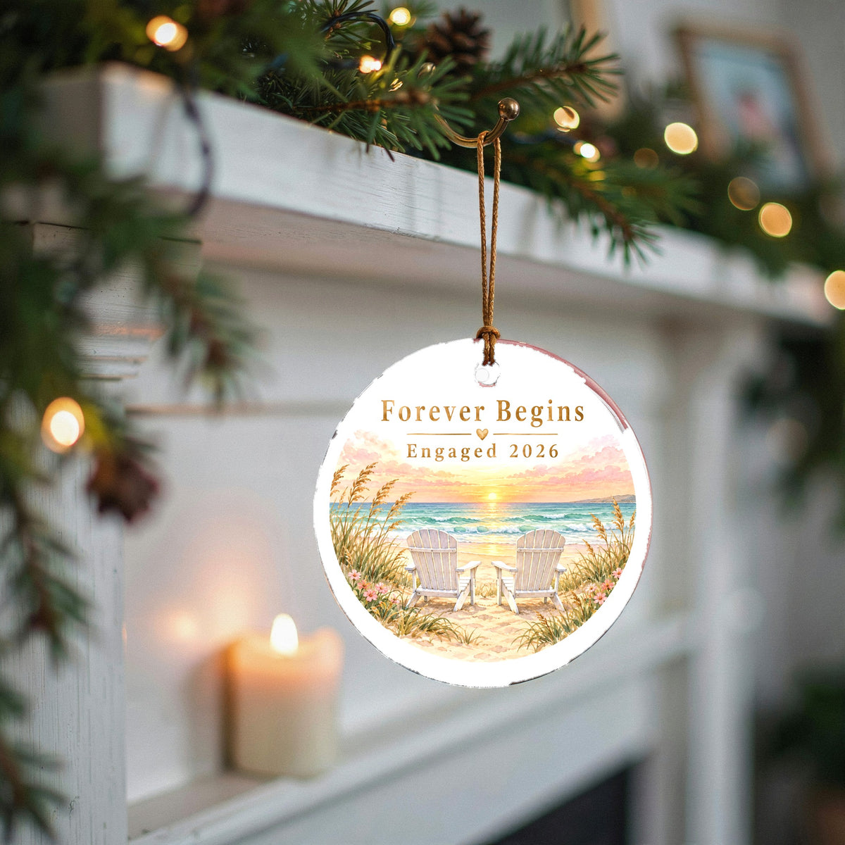 Sunset Seaside Engagement Keepsake Ceramic Christmas Tree Ornament