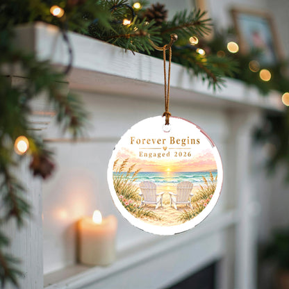 Sunset Seaside Engagement Keepsake Ceramic Christmas Tree Ornament