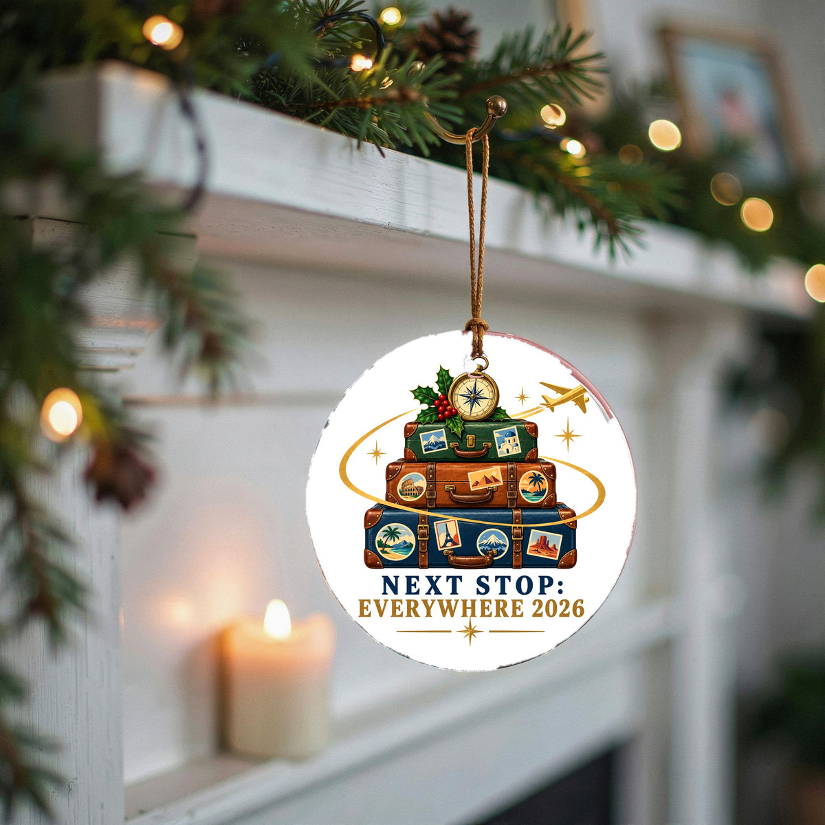 Next Stop Everywhere Luggage Badge Ceramic Christmas Ornament