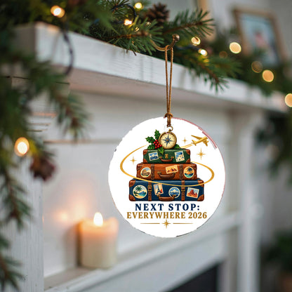 Next Stop Everywhere Luggage Badge Ceramic Christmas Ornament