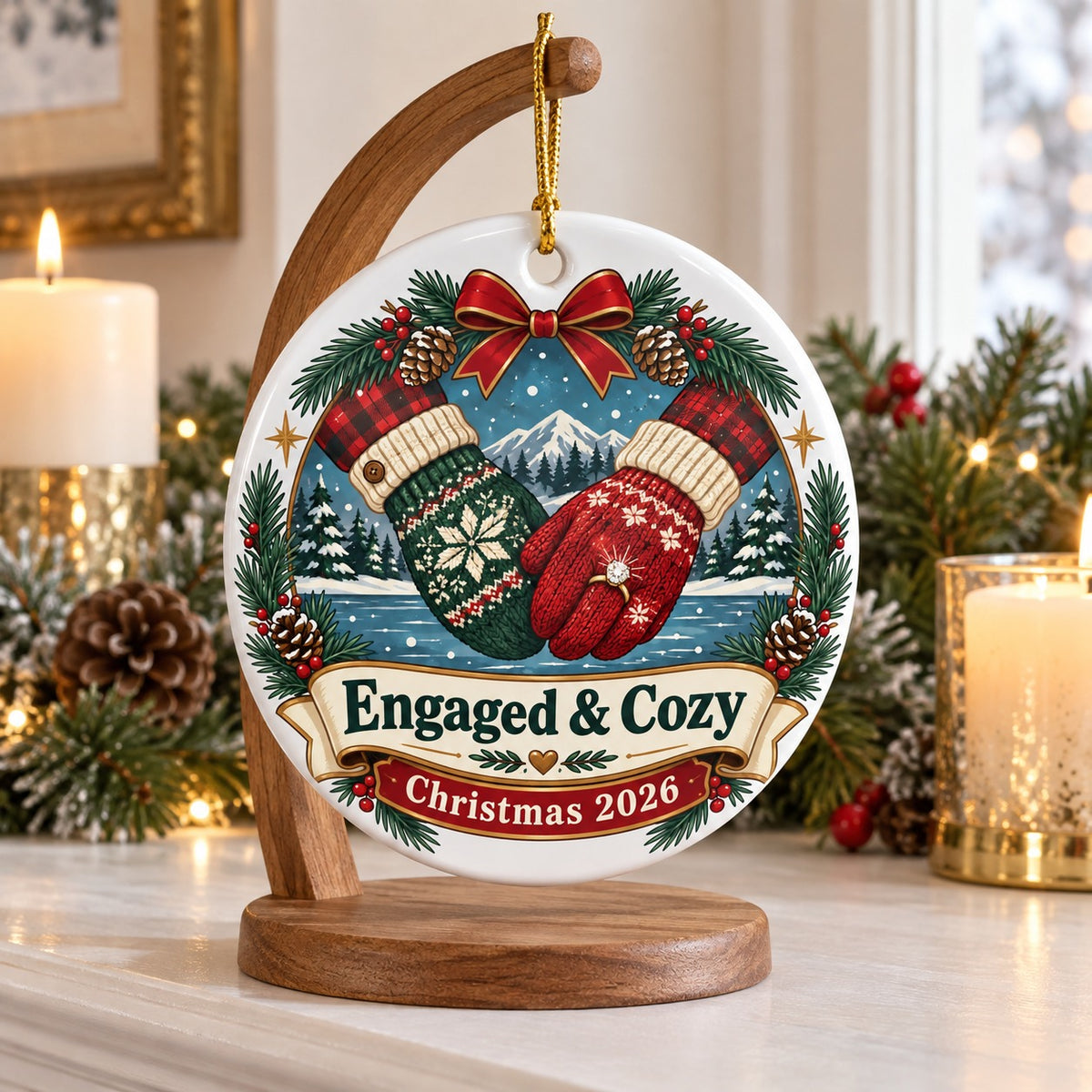 Engaged and Cozy Mittens Keepsake Engagement Christmas Ornament