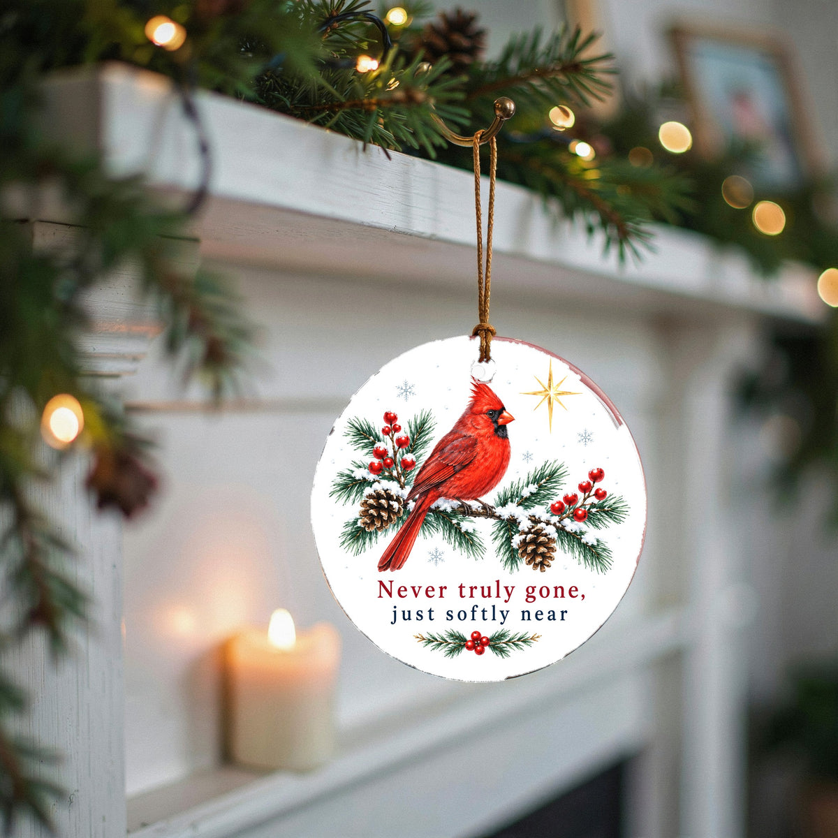 Softly Near Memorial Cardinal Ceramic Christmas Ornament