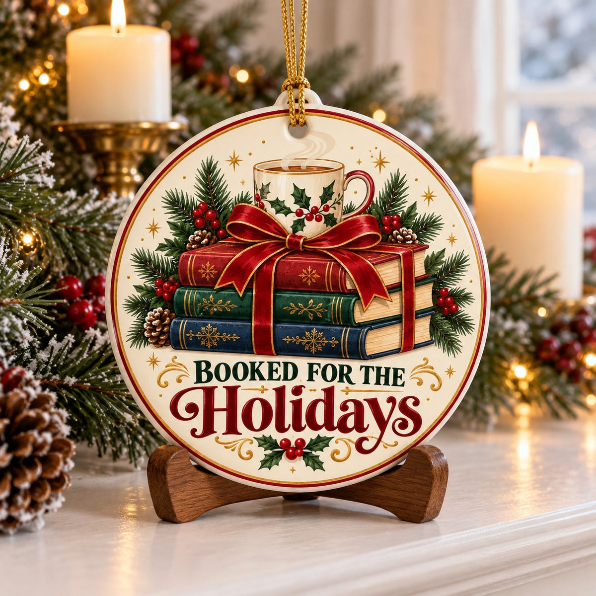 Booked for the Holidays Ceramic Christmas Ornament, Reader Tree Decor