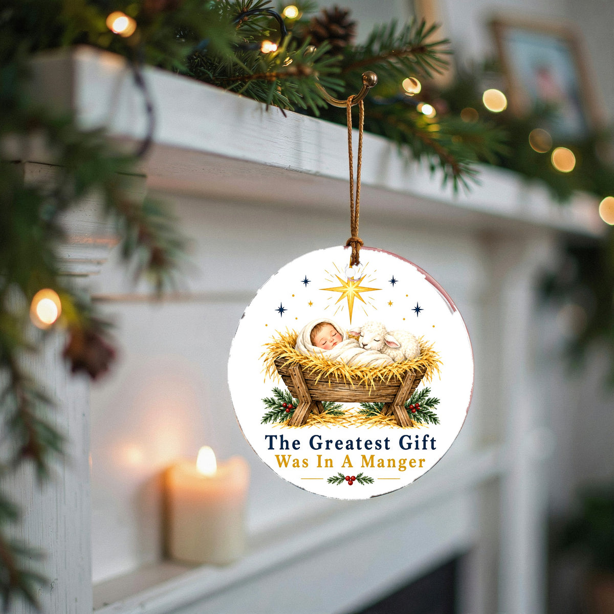 Greatest Gift Manger Keepsake Nativity Round Ceramic Christmas Ornament