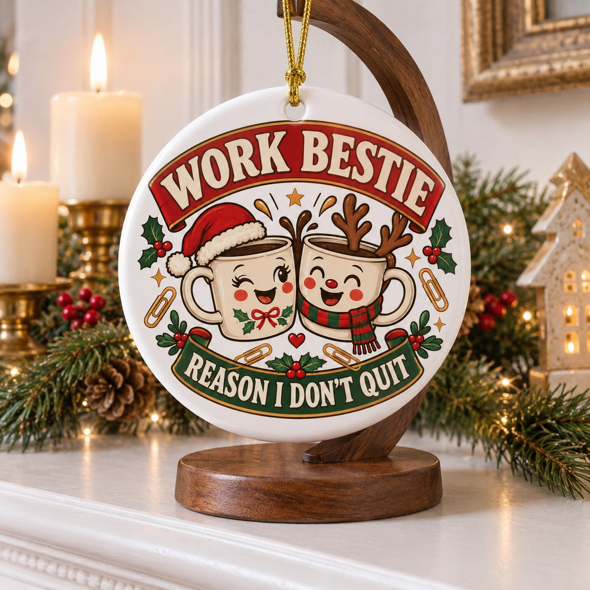 Office Bestie Christmas Ceramic Ornament for Coworker Gift