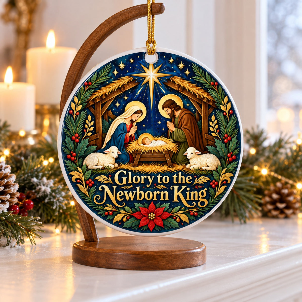 Folk Art Holy Night Nativity Scene Ceramic Christmas Ornament